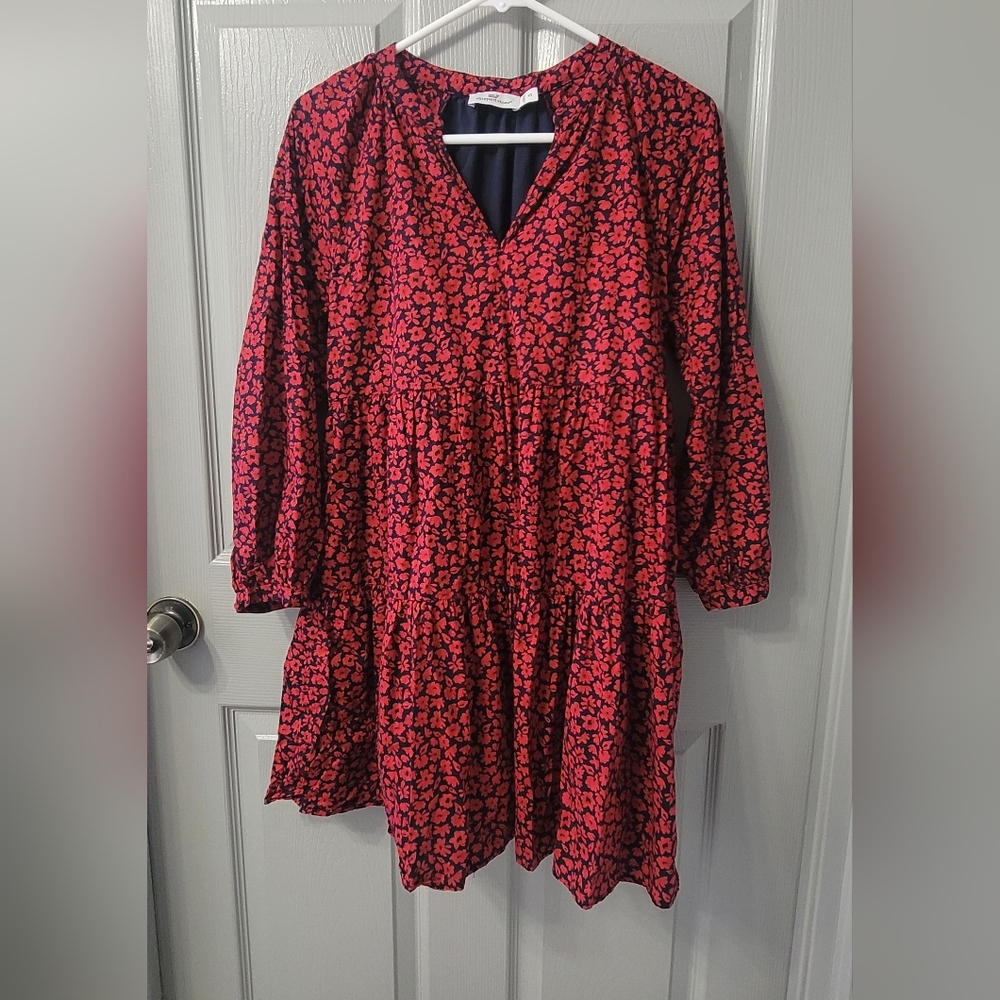 Vineyard Vines Dress Tiered Empire Watercolor Wildflowers in red color size XS